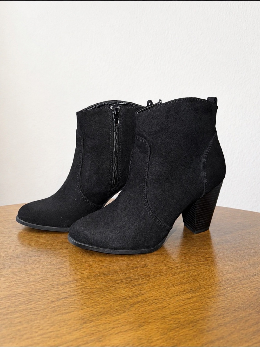 Express Black Suede-Look Ankle Booties with Stacked Block Heel